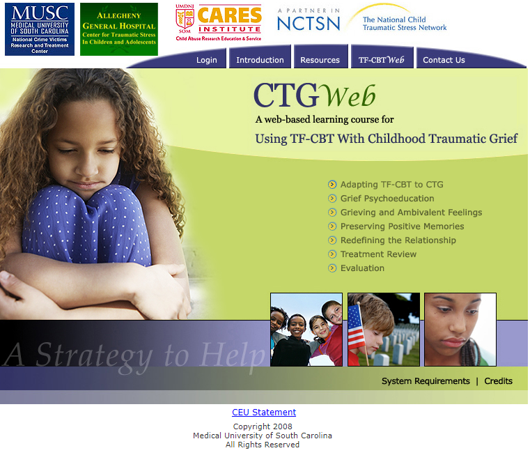 Screenshot of the homepage of the online training course, CTGWeb, for learning to use TF-CBT for Childhood Traumatic Grief. 