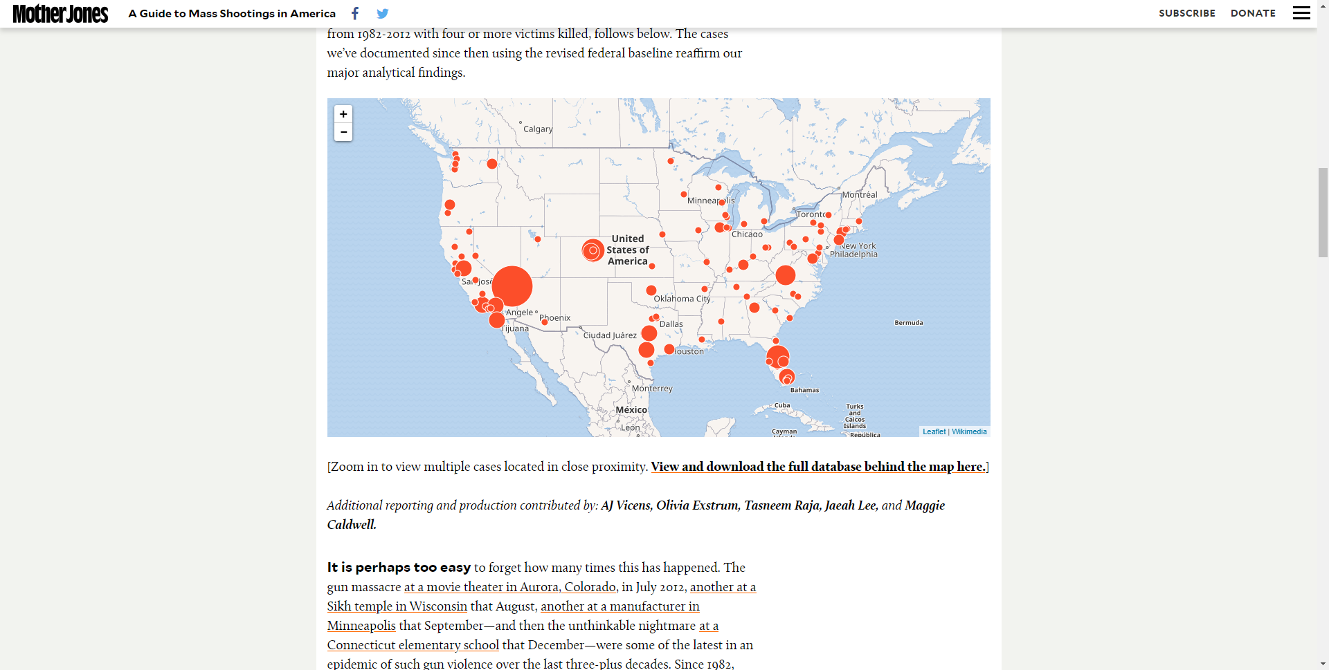 Screenshot of the Mother Jones article on Mass Shootings in America