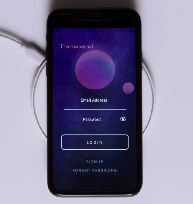 Mobile phone with the initial Transcend mobile app screen displayed. 