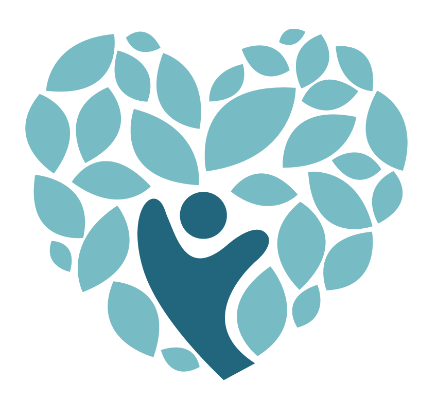 NMVVRC logo image consisting of dark-colored simplied shape of a person with their hands raised surrounded by lighter colored, randomly sized, simple leaf shapes all in the overall shape of a heart.  