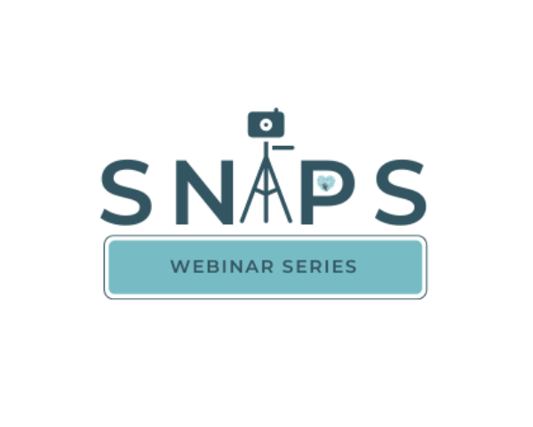 Logo for the SNAPS Webinar series consisting of the text SNAPS with the A replace by the image of a camera tripod, with a teal rectangle with rounded corners below it containing dark green text - Webinar Series.